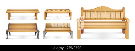 Realistic wooden park benches icon set five different types of benches with and without backrest vector illustration Stock Vector