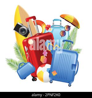 Realistic travel horizontal banner suitcases beach umbrellas and other attributes of tourism gathered together vector illustration Stock Vector