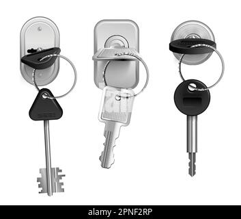 Realistic keys keyholes icon set one key from the set is inserted in the lock vector illustration Stock Vector