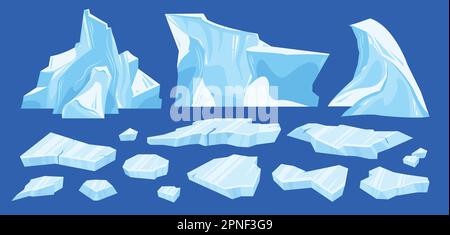 Frozen arctic cracked ice iceberg icon set three different sized icebergs and broken pieces of ice vector illustration Stock Vector