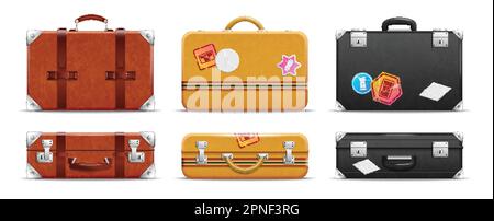 Realistic vintage travel bag icon set brown yellow and black suitcases in two view vector illustration Stock Vector