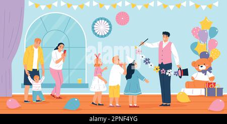 Children party flat concept with kids watching magic tricks vector illustration Stock Vector