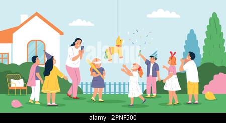 Children party flat concept with kids punching pinata vector illustration Stock Vector
