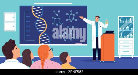 Conference flat concept with chemistry teacher speaking for class audience vector illustration Stock Vector