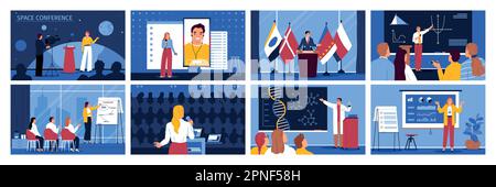 Conference flat concept set with lecturers on stage in auditorium isolated vector illustration Stock Vector