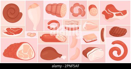 Cartoon beef steak and pork, chicken or turkey leg, ham slices and bacon, salami sausages in geometric collage background. Meat set, fresh raw food products from butchery shop vector illustration Stock Vector