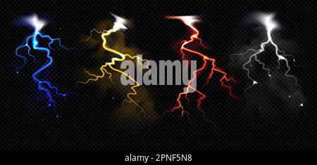 Thunderstorm realistic set with flash of colorful lightnings at dark transparent background isolated vector illustration Stock Vector