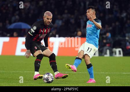 Naples, Italy. 18th Apr, 2023. Naples, Italy, April 18th 2023: Theo Hernández (19 Milan)vies with Hirving Lozano (11 Napoli) during the Champions League match between SSC Napoli and AC Milan at Diego Armando Maradona Stadium in Naples, Italy. (Foto Mosca/SPP) Credit: SPP Sport Press Photo. /Alamy Live News Stock Photo