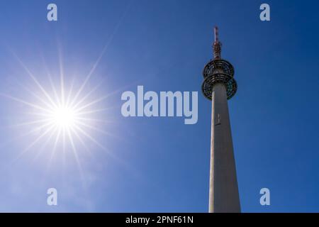 Telecommunication tower Trier-Petrisberg photographed against a blue sky Stock Photo