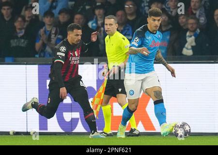 Naples, Italy. 18th Apr, 2023. Naples, Italy, April 18th 2023: Giovanni Di Lorenzo (22 Napoli) vies with Ismael Bennacer (4 Milan) during the Champions League match between SSC Napoli and AC Milan at Diego Armando Maradona Stadium in Naples, Italy. (Foto Mosca/SPP) Credit: SPP Sport Press Photo. /Alamy Live News Stock Photo