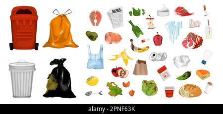 Rotten food and trash containers cartoon set of fruits vegetables and meat products unsuitable for use isolated vector illustration Stock Vector