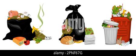 Garbage bags with rotten food three  isolated compositions on white background cartoon vector illustration Stock Vector