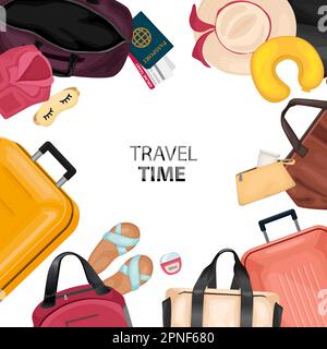Travel time cartoon frame consisting of bags suitcases passport beach accessories vector illustration Stock Vector