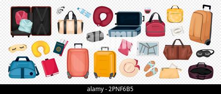 Travel cartoon color set of bags suitcases on wheels and touristic accessories at transparent background isolated vector illustration Stock Vector