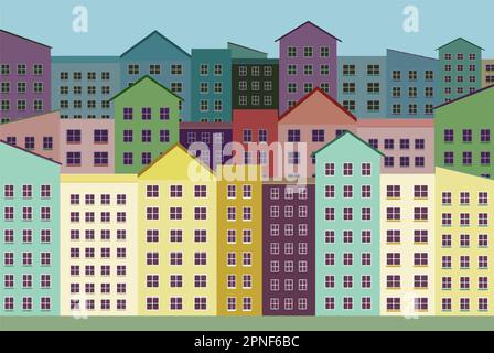 Urban buildings, apartment buildings mostly, are seen in a graphic pastel colored vector image. Stock Vector