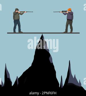 Here is a no win situation with two guys pointing guns at each other in a vector image. Stock Vector