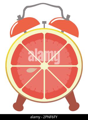 An alarm clock is made from a grapefruit in this vector illustration about early morning and breakfast. Stock Vector
