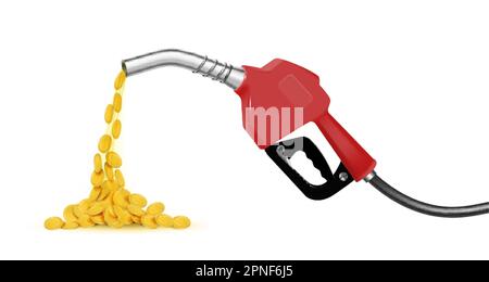 Expensive fuel gas realistic design concept with gold coins spilling out of handle pump nozzle isolated vector illustration Stock Vector