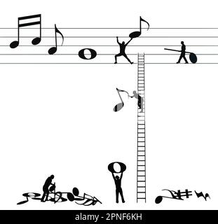 People work to move huge music notes and place them on a music staff in a vector about writing music is hard work. Stock Vector