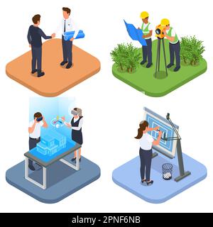 Architect construction engineer isometric set of four compositions with deal land survey visualization and drawing project vector illustration Stock Vector