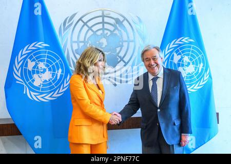 New York, USA. 18th Apr, 2023. Spanish Labour Minister and Second Deputy Prime Minister Yolanda Diaz is greeted by United Nations Secretary-General Antonio Guterres at the UN headquarters. Diaz, who recently launched her bid to become the country's first woman prime minister of Spain, today advocated at the UN to review corporate margins, since 'they are a major distorting element on equality and inequality'. Credit: Enrique Shore/Alamy Live News Stock Photo