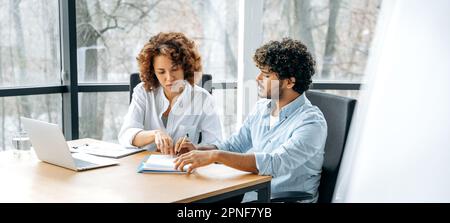 Panoramic photo of two colleagues, an African American woman and an Indian man, sitting at a desk in the office, studying financial documents, analyzing the risks and prospects of a new project Stock Photo