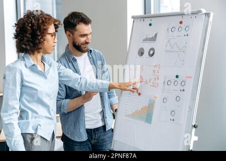 Two successful colleagues of different nationalities, a man and a woman, office workers, colleagues, stand in the modern office near the marker board, analyze financial charts, profits, discuss risks Stock Photo