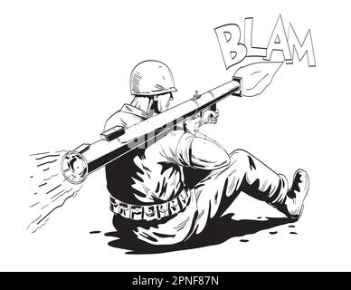 Comics style drawing or illustration of a World War Two American GI soldier firing bazooka or stovepipe viewed from rear on isolated background in bla Stock Photo