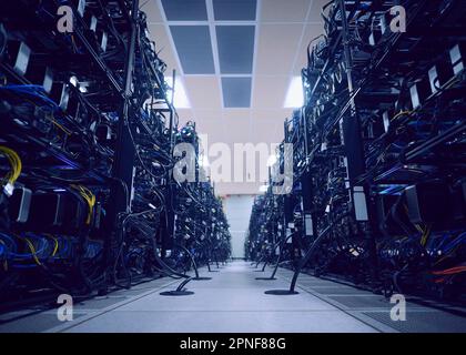 Network servers and cables in server room Stock Photo