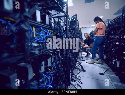 Technicians working in server room Stock Photo