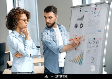 Two successful focused multiracial colleagues, a man and a woman, stand near whiteboard in office, developing new start-up, planning strategy, thinking about ideas, analyze risks and profit Stock Photo