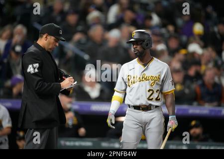 Pittsburgh Pirates right fielder Andrew McCutchen (22) in the second inning  of a baseball game Wednesday, April 19, 2023, in Denver. (AP Photo/David  Zalubowski Stock Photo - Alamy