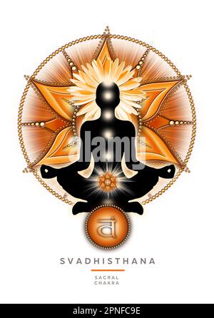 Sacral chakra meditation in yoga lotus pose, in front of svadhisthana chakra symbol. Stock Photo