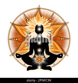 Sacral chakra meditation in yoga lotus pose, in front of svadhisthana chakra symbol. Stock Photo