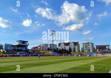 Uzhhorod, Ukraine - March 12, 2023: Panoramic view of Avanhard Stadium in Uzhhorod during VBET Ukrainian Premier League game SC Dnipro-1 v Dynamo Kyiv Stock Photo