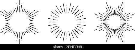 Retro sunburst frames set. Vintage sunlight rays collection. Stylized sunshine, radial rays, sunbeams, firework, stars light, explosion symbols. Vector design elements  Stock Vector