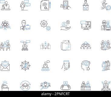 Work essentials line icons collection. Laptop, Desk, Notebook, Pen, Calculator, Calendar, Keyboard vector and linear illustration. Mouse,Headphs Stock Vector