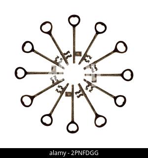 Intricate and antique metal brass keys set out into an array Stock Photo