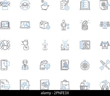 Investments line icons collection. Stocks, Bonds, Cryptocurrency, Portfolio, Mutual funds, Real estate, Options vector and linear illustration. REITs Stock Vector