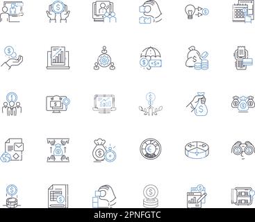 Fiscal counseling line icons collection. Budgeting, Debt, Finances, Income, Investment, Management, Expenses vector and linear illustration. Advice Stock Vector