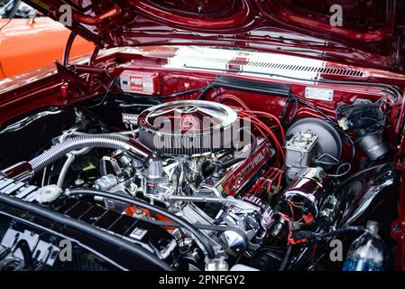 Car Under Hood Close Up, View Of A Red Engine With Big Black Round Air  Intake Filter, Tubes, Wires, Pipes, Mechanical And Electrical Other Parts  Stock Photo, Picture and Royalty Free Image.