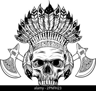 Vector monochrome illustration of stylized skull wearing native American war bonnet. Stock Vector