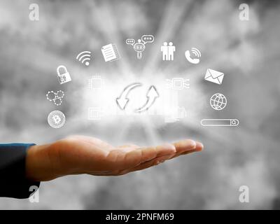 Cloud storage and technology concepts with up and down arrows of information flow on a cloudy background. Big data, cloud computing, ai, virtual hosti Stock Photo