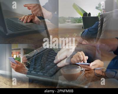 A man in hybrid work style to blend his time between working at an office and from several different places including home remotely. Stock Photo