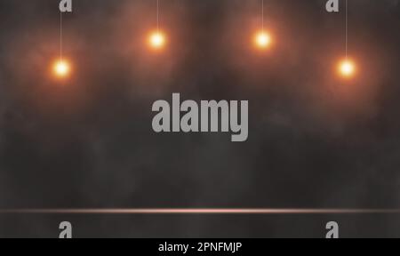 Empty smoky background scene. Reflection of the four light bulbs on the ground. Rays of orange light in the dark. Night view abstract dark background. Stock Photo
