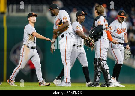 Baltimore Orioles' Jorge Mateo (3) and Ryan McKenna (26) celebrate after  the second baseball game of a doubleheader, Saturday, April 29, 2023, in  Detroit. Baltimore won 6-4. (AP Photo/Paul Sancya Stock Photo - Alamy