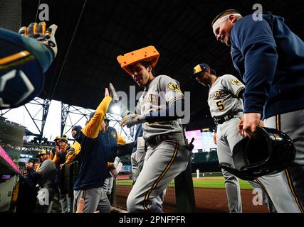 Milwaukee Brewers' Garrett Mitchell celebrates after hitting a home run  during the sixth inning of a baseball game against the New York Mets  Tuesday, April 4, 2023, in Milwaukee. (AP Photo/Morry Gash