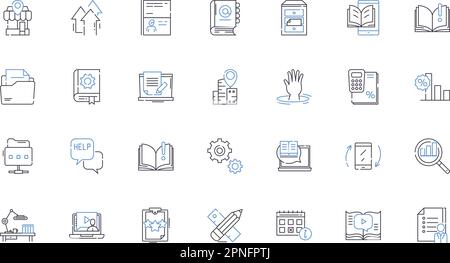 Study props line icons collection. Notebook, Pencil, Highlighter, Textbook, Flashcards, Calculator, Post-It notes vector and linear illustration Stock Vector