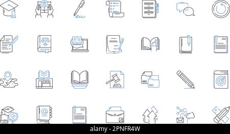 Correspondence items line icons collection. Envelopes, Postcards, Letters, Packages, Statiry, Stamps, Ink vector and linear illustration. Pencils,Pens Stock Vector
