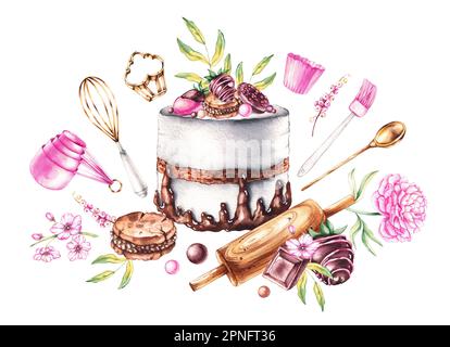 Watercolor group of desserts, bakery tools, flowers on a white background. Confectionery composition isolated for menu design, logo, business card, fl Stock Photo